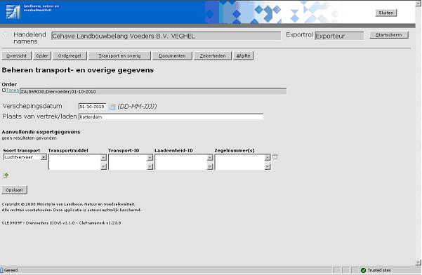Beheren transport- en overige gegevens Onder de knop kunnen transportgegevens ingevuld worden. Nb. De Verschepingsdatum is gelijk aan de exportdatum Vul de Plaats van vertrek/laden in.