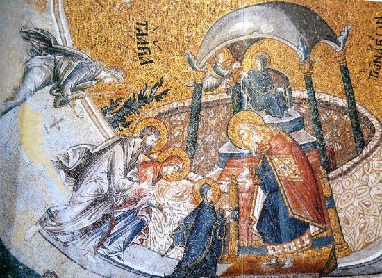 WAAR KOMEN DIE FEESTEN VANDAAN? Veertiende-eeuws mozaïek in Istanbul: Maria s opgang in de tempel.