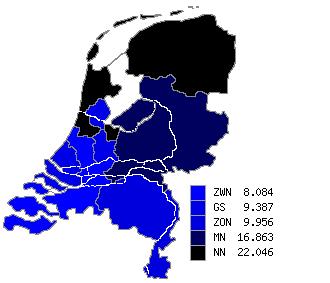 Verzuimpercentage TZ Meldingsfrequentie TZ Gemiddelde duur TZ Aantal werknemers TZ De indeling voor de vijf regio s in de