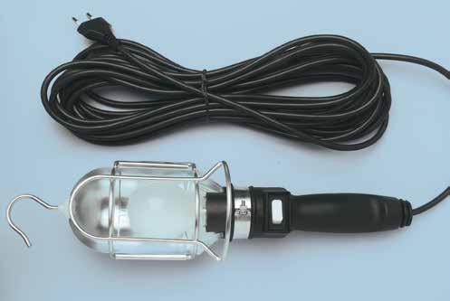 Looplamp "korfmodel" Ergonomisch gevormde handgreep, bestand tegen oliën en vetten. Met schakelaar. Stevige reflector en draadkorf. Draaibare ophanghaak. 8 meter kabel.