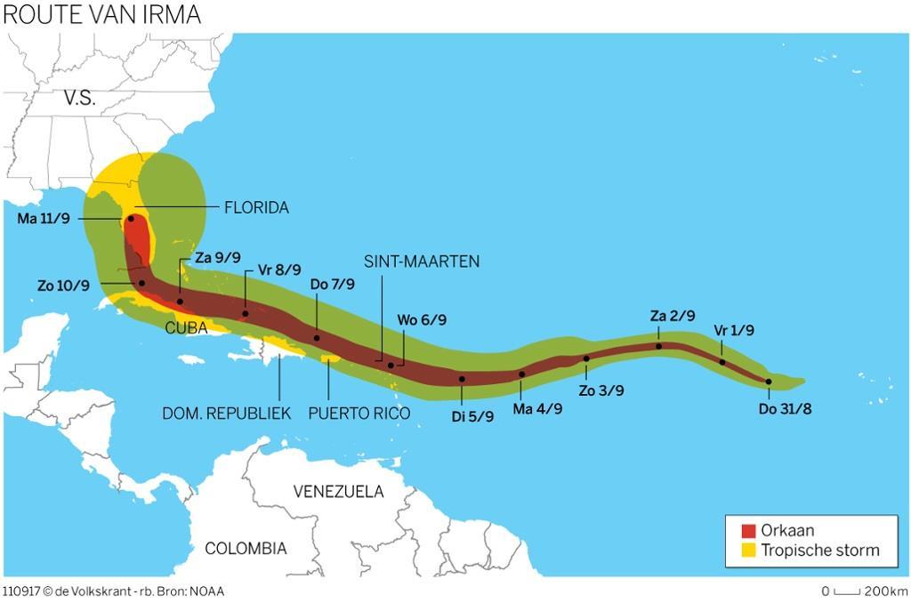 Afbeelding 2. Route van orkaan Irma. Dat Sint Eustatius, Saba en Sint Maarten zwaar zijn getroffen is op basis van eerste schadebeelden al snel bekend.