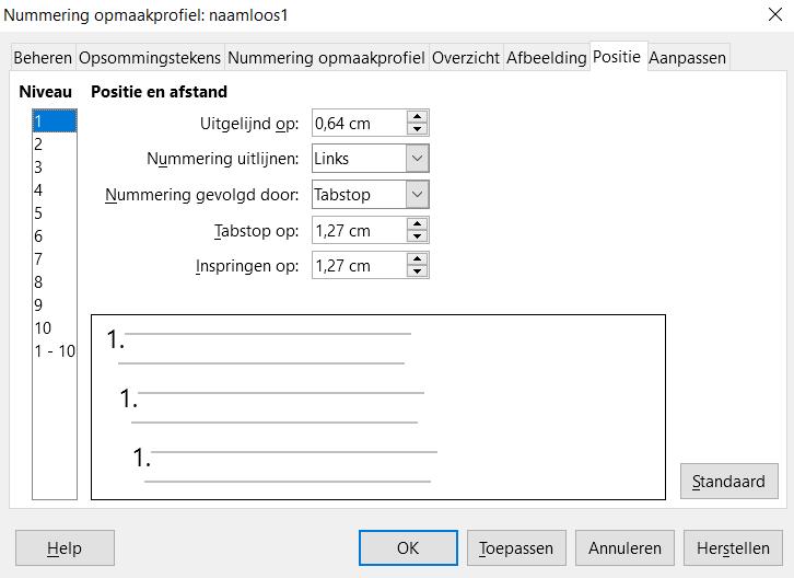 Tabblad Positie Gebruik het tabblad Positie om de inspringingen en afstanden van het teken van het lijstitem en de tekst fijner af te stemmen.