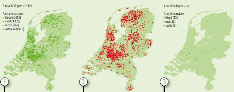 Figuur 3: Geografische spreiding van de leverbot in Nederland op basis van mest en bloedmonster en sectie door de Gezondheidsdienst voor Dieren (Rotgers, 20).