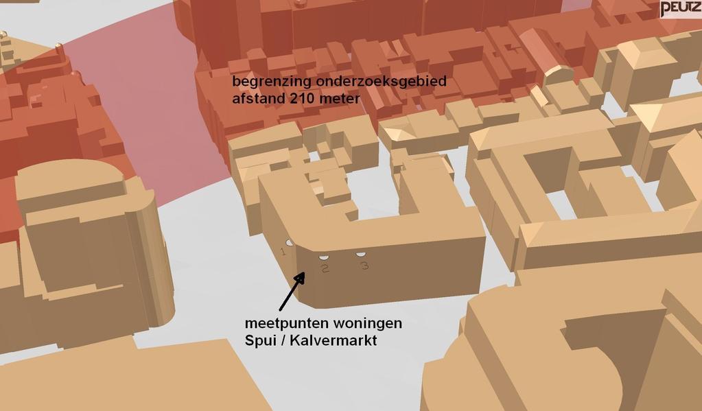 3. RESULTATEN EN BEOORDELING 3.1. Woningen hoek Spui / Kalvermarkt De meetposities 1 t/m 3 bij de woningen op de bovenste woonlaag op de hoek Spui / Kalvermarkt wordt gevisualiseerd in figuur 13.