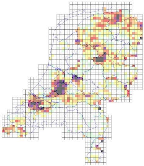 Vergelijking vangsten per km watergang per uurhok In onderstaande figuren zijn de muskusratvangsten per km watergang per uurhok te zien.