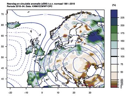 Het (maandgemiddelde) luchtdrukpatroon op 500 hpa liet in april een positieve anomalie zien boven Oost-Europa en Noord-Europa en een negatieve boven de Atlantische Oceaan ten westen van Ierland.