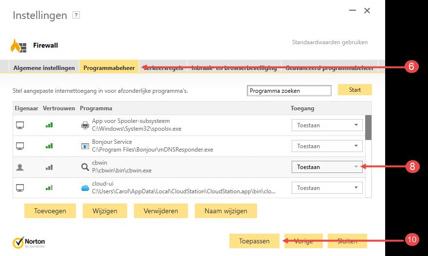 5. Klik in het configuratiescherm op de optie Firewall 6. Klik op de tabblad Programmabeheer 7. Lokaliseer in de lijst het computerprogramma Compad Bakkerij (cbwin.exe) 8.