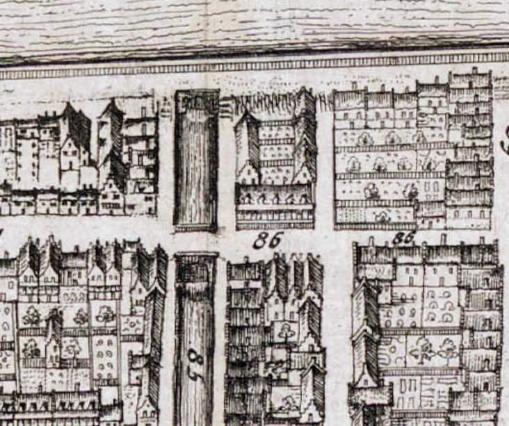 Uitsnede uit de kaart van Blaeu, 1649, met daarop het gebied Zoetemelk-wittebroodsteeg [Collectie Regionaal Archief Alkmaar] zoutkeet van de stad (oostzijde Zoutkeetgracht, 1543) de zuidhelft van het