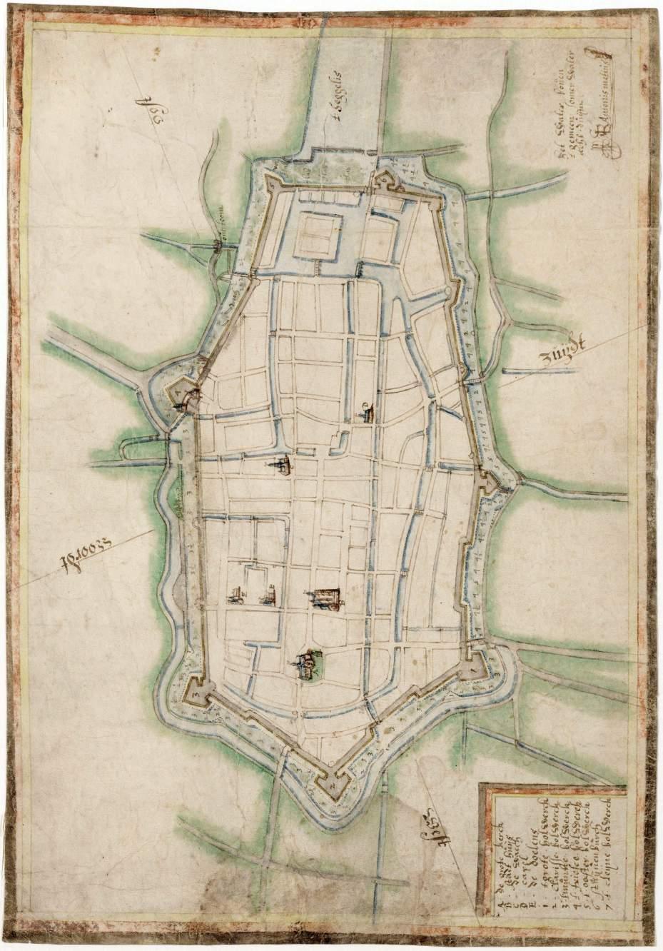 Plattegrond van Alkmaar met dieptepeilen van de singelgracht. (Antonius Metius, circa 1619).