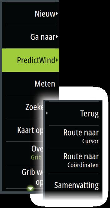 Route naar cursor a. Activeer de cursor op de kaart. b. Open het PredictWind-menu. c. Selecteer Route naar cursor om informatie over de route naar de cursor op te geven.