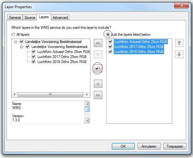 Klik op de radio button Just the layers listed below