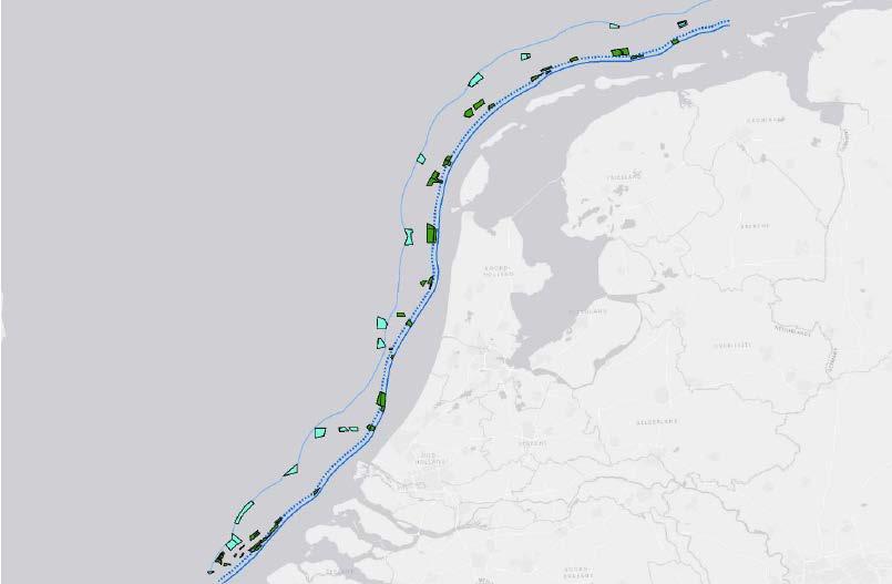 257 Figuur 10.10 Overzicht van zoekgebieden voor winning suppletiezand op de Noordzee. De licht blauwe vakken zijn de Zeewaarts alternatieven en de groene vakken zijn de Kustwaarts alternatieven.