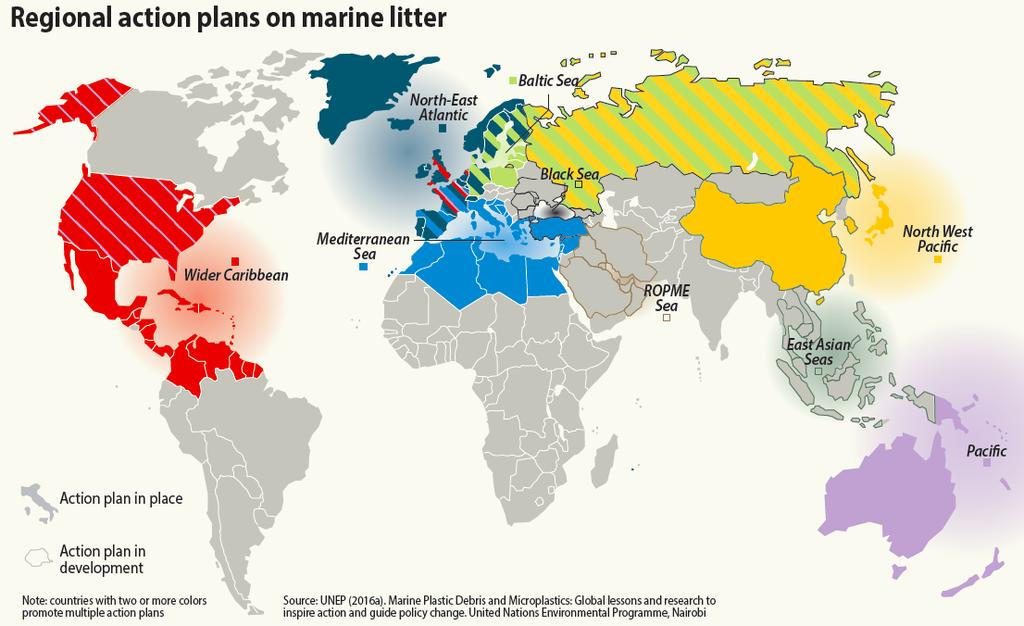 Voor het noordoostelijk deel van de Atlantische Oceaan werd in het kader van de OSPAR Commissie 40 in 2014 een Regional Action Plan Marine Litter 41 aangenomen.