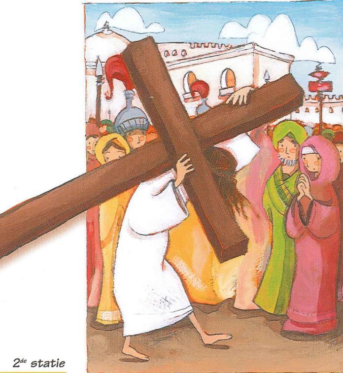 4c Jezus draagt zijn kruis De soldaten lachen Jezus uit. Ze maken een kroon van dorens. Die duwen ze op zijn hoofd. Ze roepen spottend: Zie daar, de Koning van de Joden!