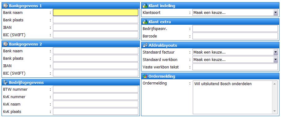 Extra gegevens Onder dit tabblad kunt u onder andere de bankgegevens van de klant kwijt, kunt u de