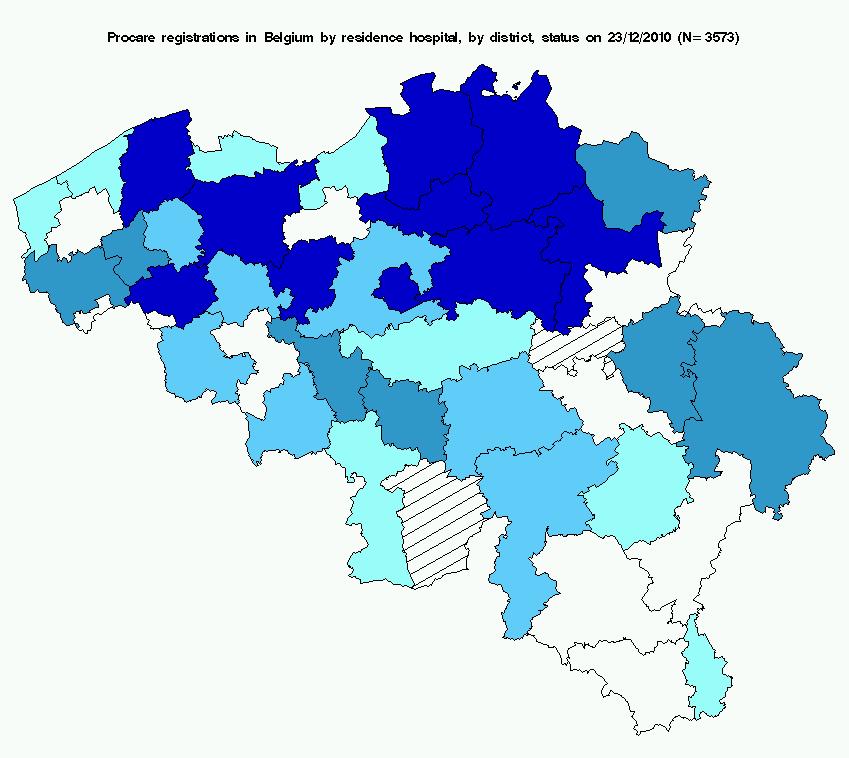 Figuur 2. PROCARE registraties in België per regio, per ziekenhuis (status op 23/12/2010, N= 3573). 1.