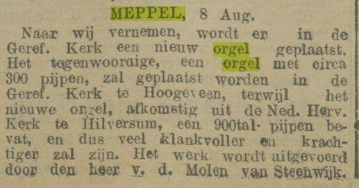 9 4.1913. Hendrik Jan van der Molen (6) De gereformeerde kerk van Meppel was in 1896 gebouwd en maakte gebruik van een kabinetorgel dat was meegebracht uit de oude kerk.
