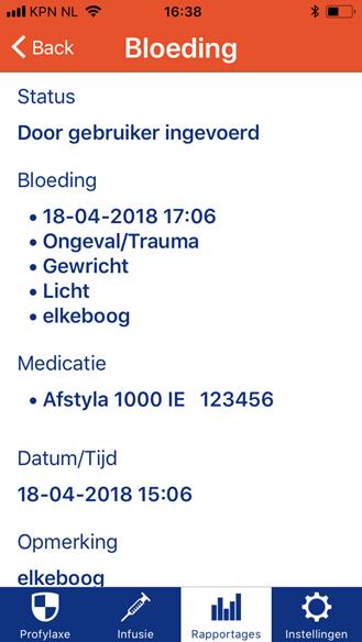 Een specifieke invoer kunt u bekijken door in de overzichtslijst een Bloeding of een Infusie aan te klikken. U ziet dan een samenvatting van de ingevoerde gegevens (figuur 15).