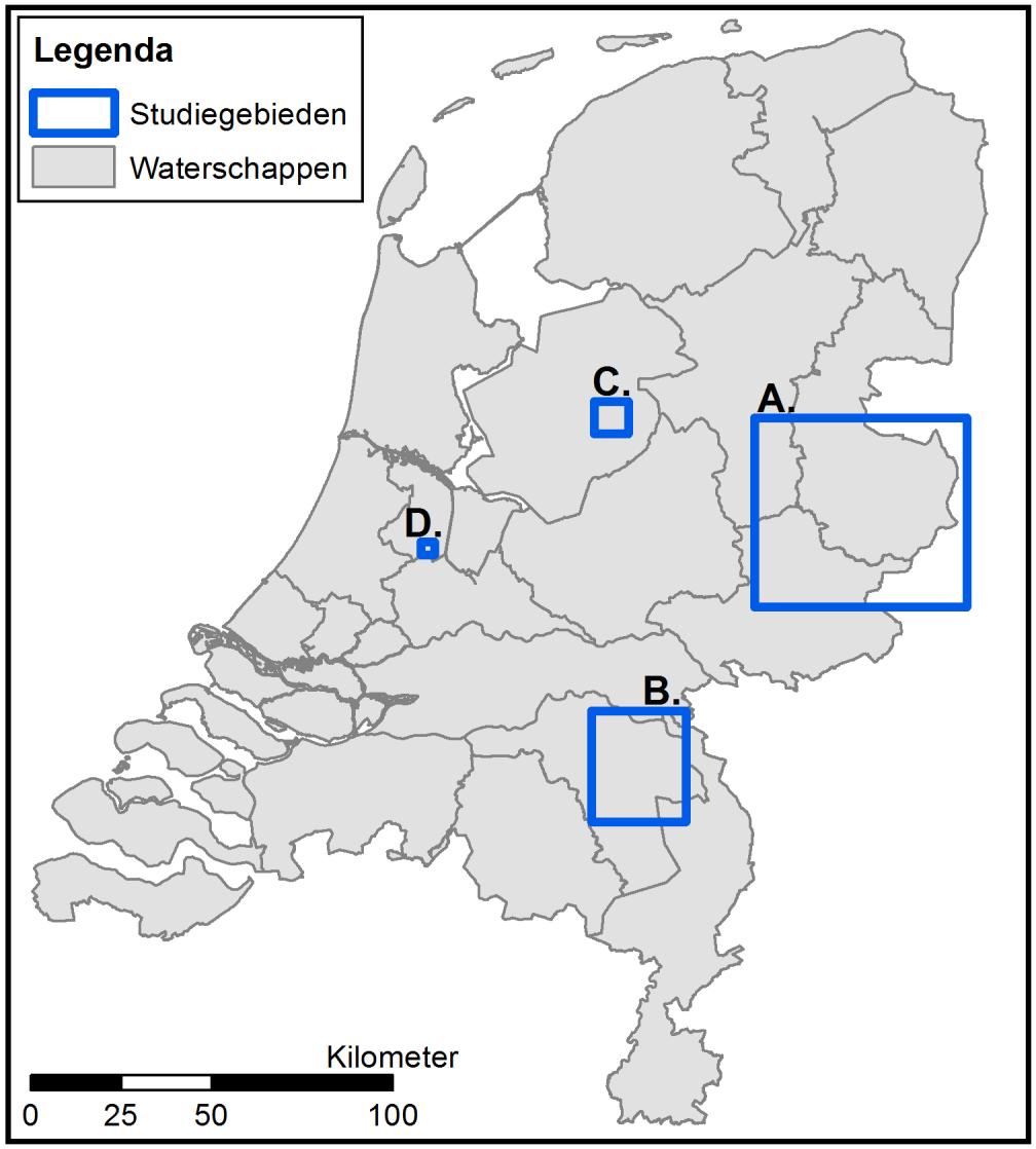 Afbeelding 1. Ligging van de studiegebieden in Nederland.