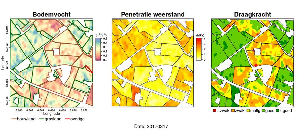 Afbeelding 6. Van links naar rechts: het bodemvochtgehalte o.b.v. Sentinel-1-data van 17 maart 2017 en daaruit afgeleid de penetratieweerstand en de berijdbaarheid.