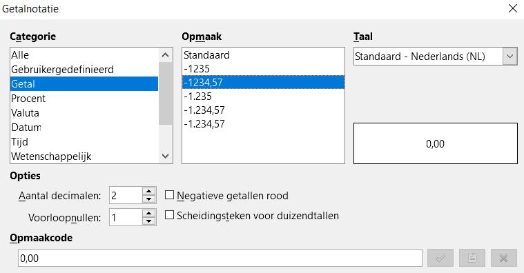 Afbeelding 11: Het dialoogvenster Getalnotatie Tip Writer geeft de opmaakcode weer, voor de categorie en indeling die is geselecteerd in het gedeelte Opmaak, onder aan het dialoogvenster.