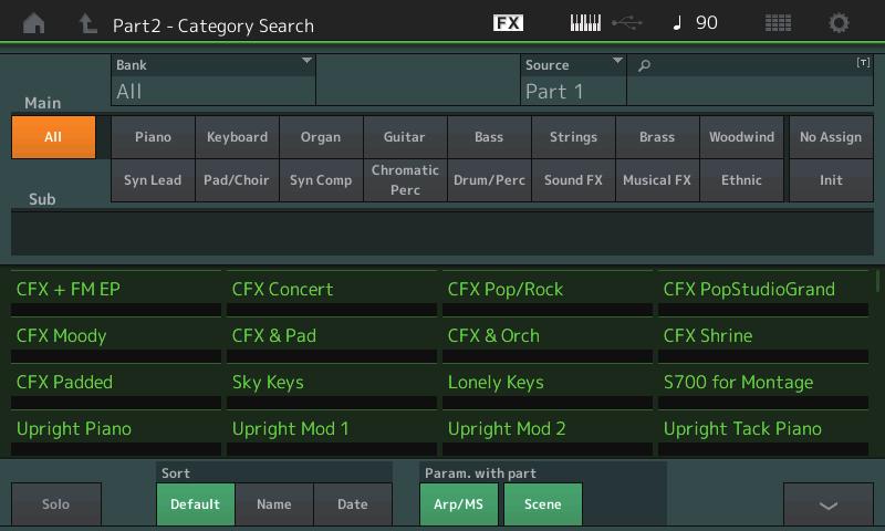 Category Search Zoeken in categorieën voor partij Nu kunt u een partij in een performance selecteren en het geluid van de partij toewijzen aan een andere partij.