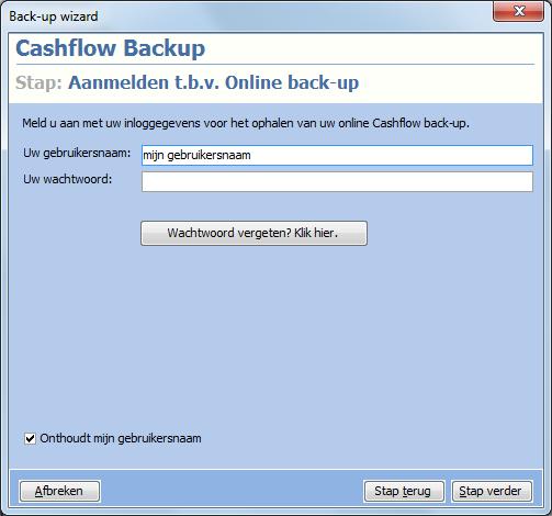 11.4 Online back-up teruglezen Een back-up die verzonden is naar het Cashflow online back-up systeem, kunt u weer inlezen door te klikken op [Backup/Restore] in het administratievenster.
