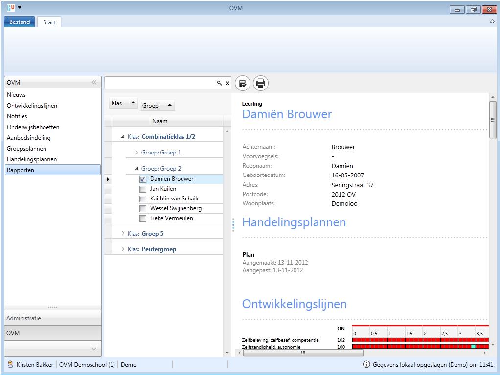 In de tweede kolom wordt de klassenindeling weergegeven. Klik een klas en een groep open en klik op een of meer dan één leerling om het rapport van de geselecteerde leerling(en) te bekijken.