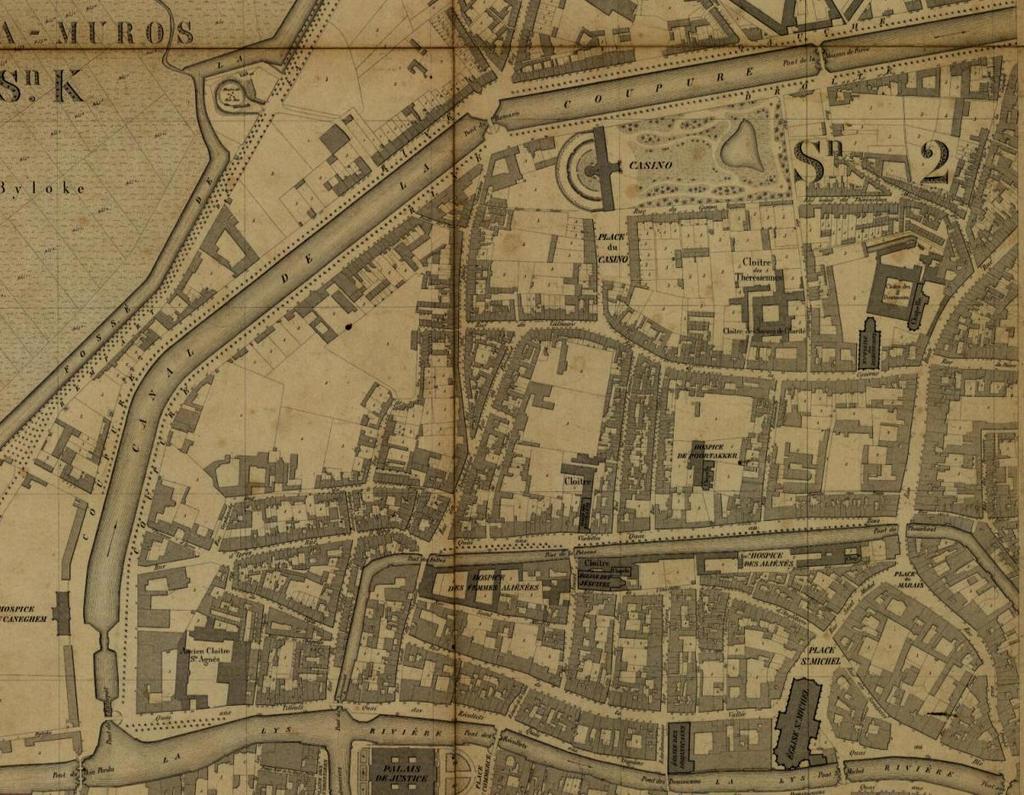 De Geerard kaart van 1855 De oude gevangenis Het afgebroken casino met de grote tuin.