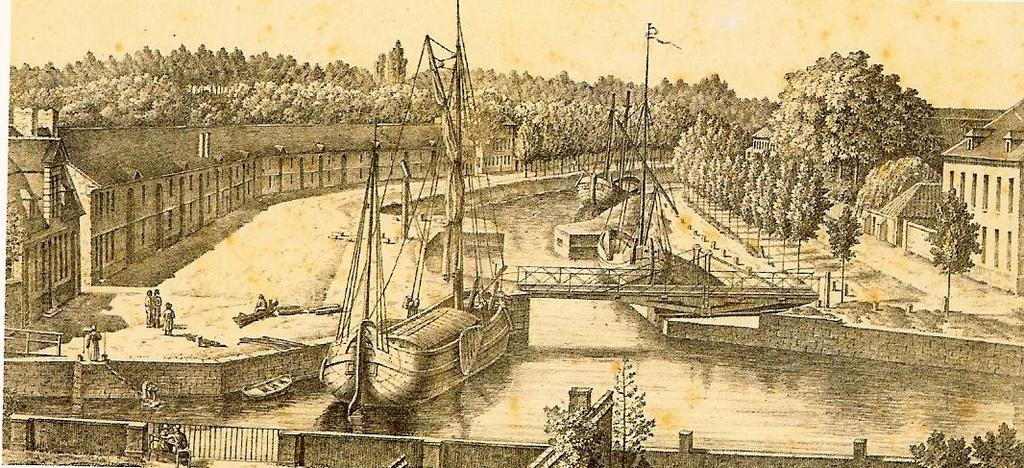 De 1 ste Sint-Agnete-brug gezien vanaf de oevers van de Leie aan de.