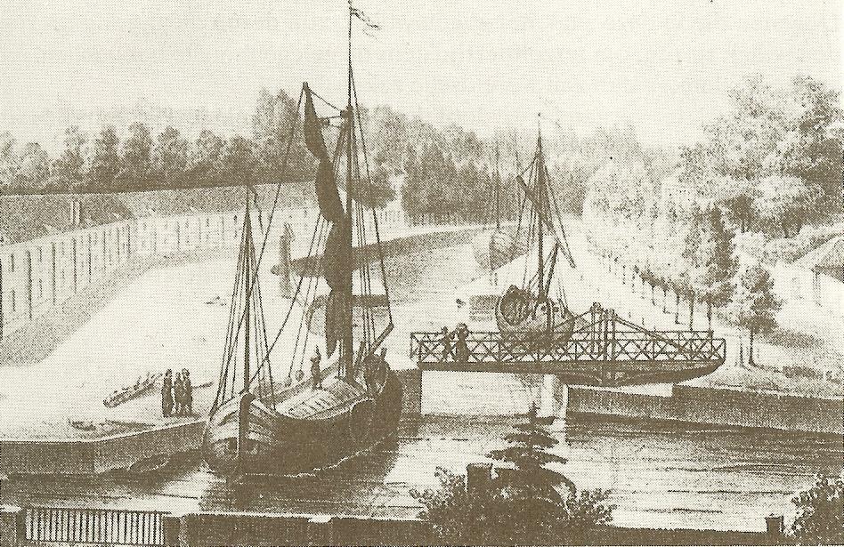 Begin van de Coupure rond 1800. De gebouwen links is het Keizerlijk Depot. Aan de sluis werd er in 1940 een noodbrug gebouwd voor voetgangers omdat de brug werd vernield.