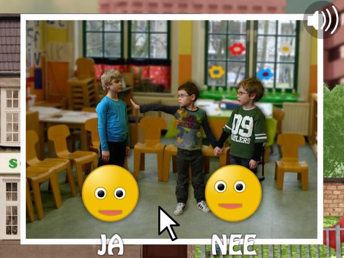 Klik op het nee-schuddende hoofd als niemand in je klas dat tegen jou zegt. Wie zegt er vaak dat je niet mag meespelen of dat je er niet bij mag zitten? Klik op hun foto s.