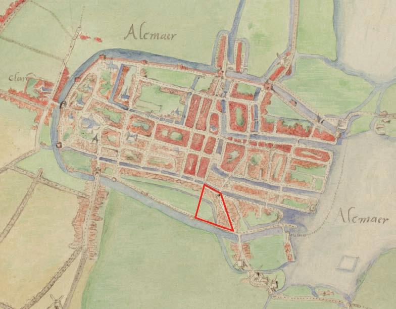De Synagoge Detail van de kaart Alkmaar en omstreken op last van Koning Filips II getekend door Jacob van Deventer omstreeks het jaar 1560, zoals gekopieerd door C.W. Bruinvis. ca. 1900.