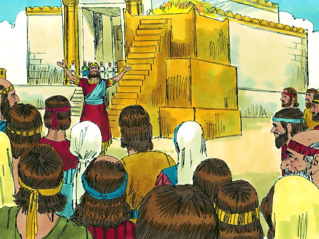 Wie werd in het gebed van Salomo geprezen? Midden in het voorhof van de tempel was een koperen gestoelte of podium gemaakt, vijf el lang, vijf el breed, drie el hoog.