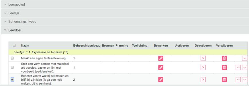 Deactiveren van leerdoelen 1. Klik in het harmonica scherm op leerdoel. Vink het leerdoel aan wat gedeactiveerd moet worden.