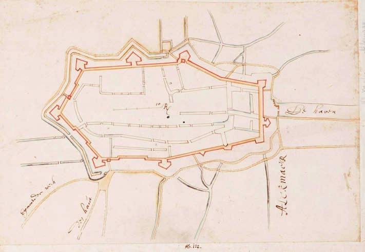 Metius, 1573) Onder: een plattegrond van de vesting Alkmaar met in het midden een schaalstok