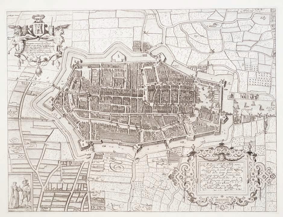 Alkmaar op de kaart van Cornelis Drebbel uit 1597. We zien de omwalling zoals die in 1573 en latere jaren is aangelegd.