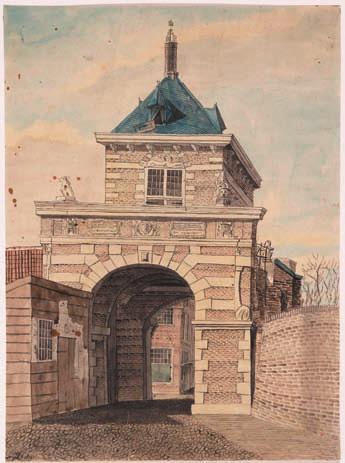 De Friese Binnenpoort gezien van buiten de stad (J.A. Crescent, 1809 naar een situatie van 1802; Collectie Regionaal Archief Alkmaar) waartussen twee cartouches met opschriften.