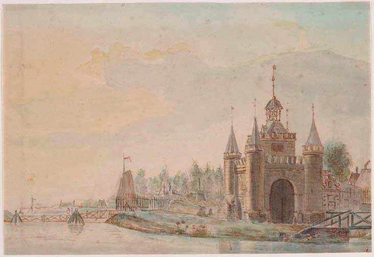 De buiten gebruik gestelde Friese Buitenpoort, ca. 1835. Op de voorgrond het Noordhollands Kanaal (onbekende kunstenaar; Collectie Regionaal Archief Alkmaar) Buitenpoort leek op een soort kasteel.