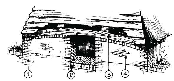 Fig. 5.2.2.2 Waterasgat van de molen van Noordeloos 1. deel van de waterloopmuur 2. waterasgat 3. gebogen muurplaat 4.