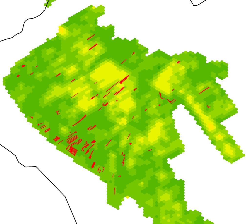 Figuur 13. Verspreiding van blauwgrasland in de Weerribben en N-depositie waarde per hexagoon. Donkergroen zijn polygonen met depositie van 1000 1200 mol N per ha/per jaar.