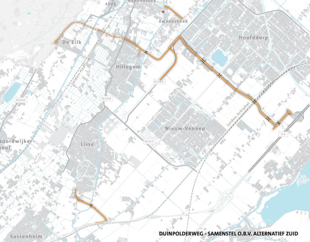 Ten westen van de N208 liggen de milieueffecten van alternatieven Zuid en Midden in dezelfde orde van grootte (zie rapportage Planstudie/MER Duinpolderweg).