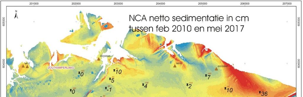 Figuur 12: Verschilkaart voor sedimenthoogte op het Peasumerwad voor de periode 2010 2017.
