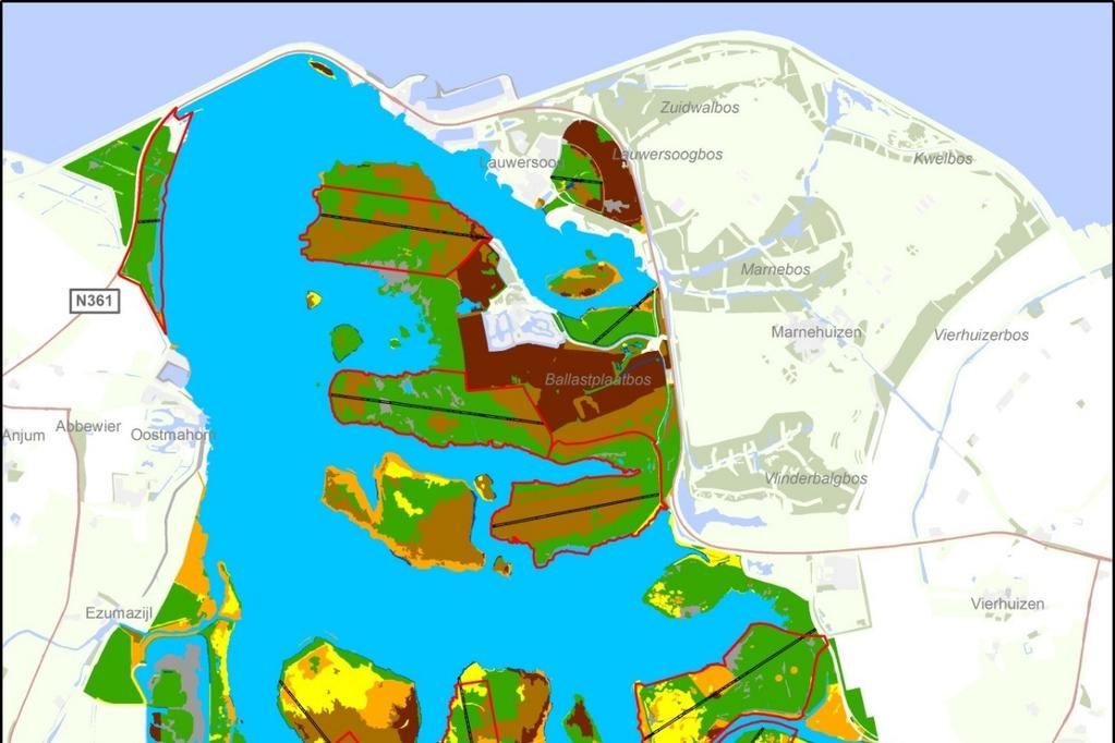 Figuur 31: kaart van het Lauwersmeergebied met daarop in kleur een vereenvoudigde weergave van de vegetatiestructuurtypen (2015).