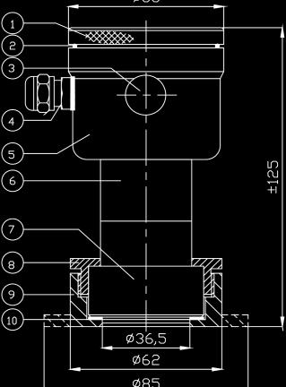 2.1 AFMETINGEN 8000-SAN (CODE "W") ONDERDELEN BESCHRIJVING: MATERIAAL 1. Deksel RVS 304 2. O-ring EPDM 3. Ontluchting 4. PG9 wartel 5. Elektronica behuizing RVS 304 6. Verbindingsvoet RVS 304 7.