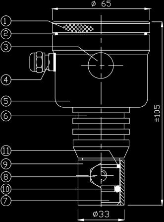 PG9 wartel 5. Elektronica behuizing RVS 304 6. Verbindingsvoet RVS 304 7. Membraanring RVS 316 8. M8 bout RVS 304 9. Lasnippel RVS 316 L 10. O-ring VITON 11. O-ring VITON 2.