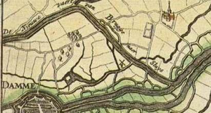 Afb. 5: Voormalige molen op kaart van de Zwinmonding met de versterkingswerken (1627).