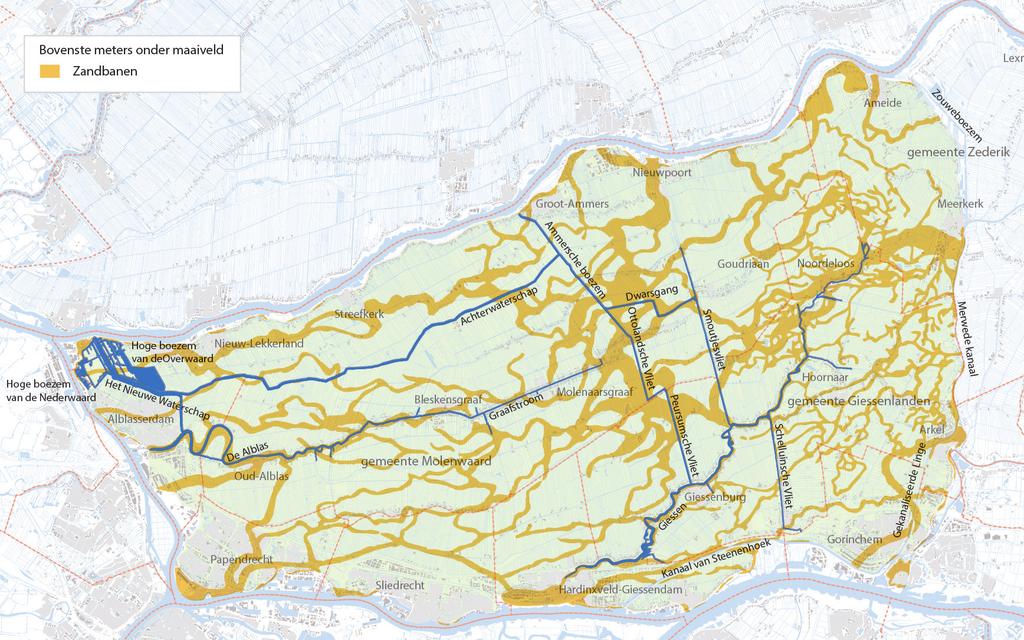 3. Zandruggen Deze kaart toont een geologische kartering van voormalige veenstromen in de Alblasserwaard. De meeste grotere veenstromen zijn opgevuld met zandige afzettingen.