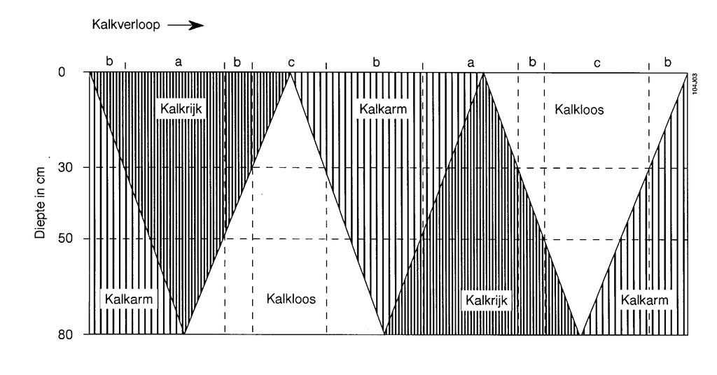 Kalkverloop: Het verloop van het kalkgehalte in het bodemprofiel (fig. 3). Fig.