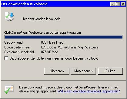 Nadat het downloaden is voltooid, kunt u de installatie starten door in het venster Het downloaden is voltooid op de knop Uitvoeren te klikken (zie